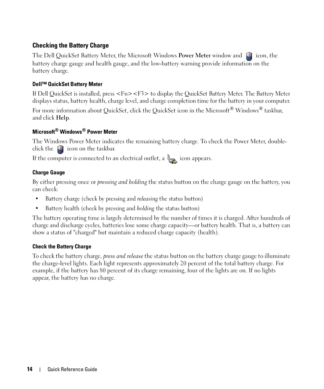 Dell TX419 manual Checking the Battery Charge, Dell QuickSet Battery Meter, Microsoft Windows Power Meter, Charge Gauge 