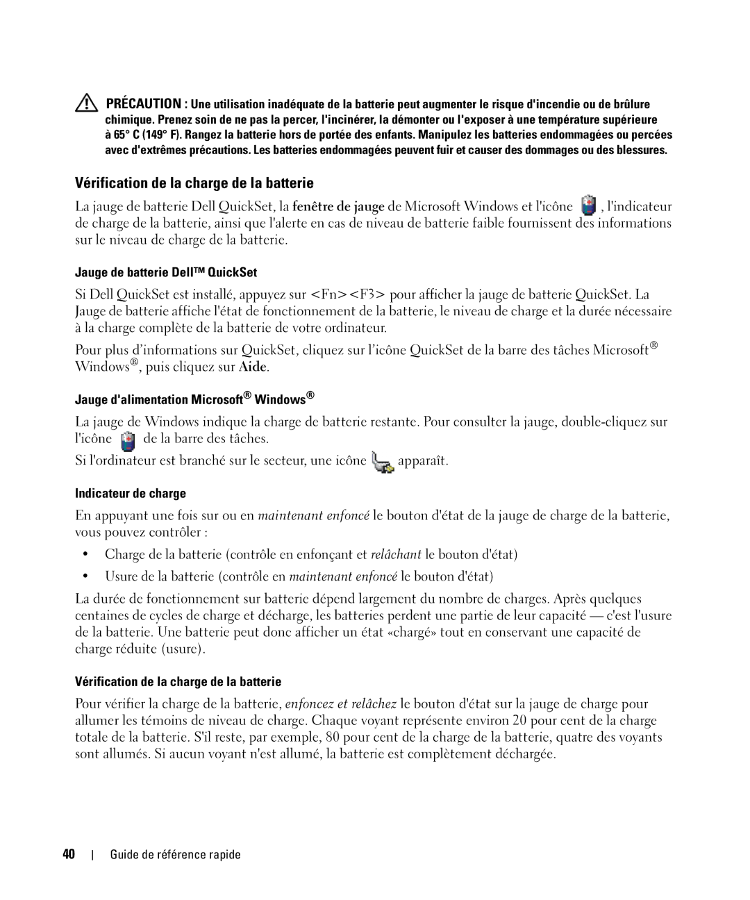 Dell TX419 manual Vérification de la charge de la batterie, Jauge de batterie Dell QuickSet, Indicateur de charge 