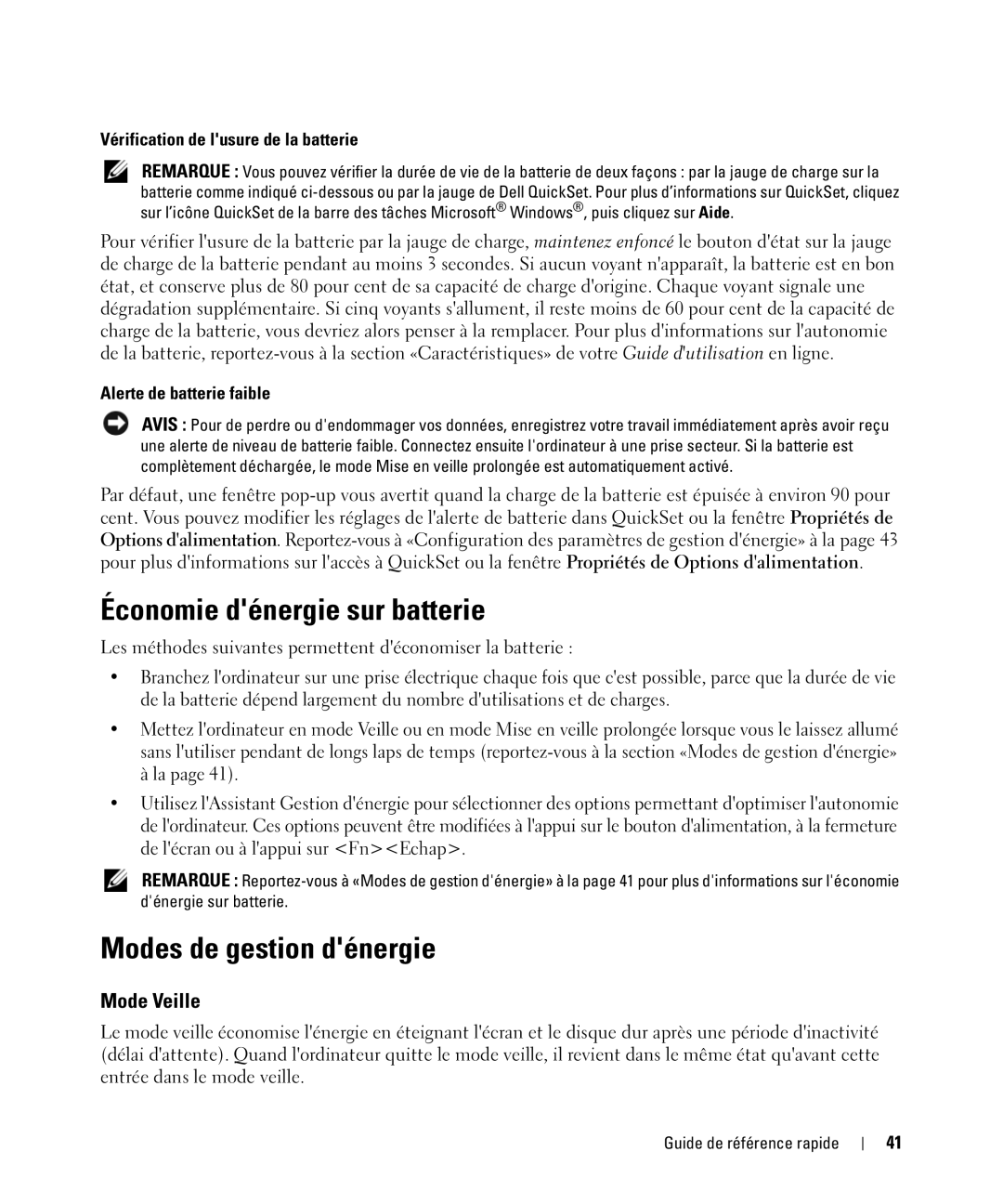 Dell TX419 Économie dénergie sur batterie, Modes de gestion dénergie, Mode Veille, Vérification de lusure de la batterie 