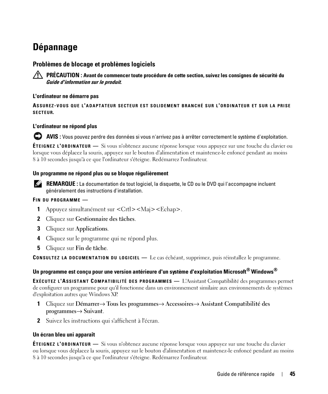 Dell TX419 manual Dépannage, Problèmes de blocage et problèmes logiciels 