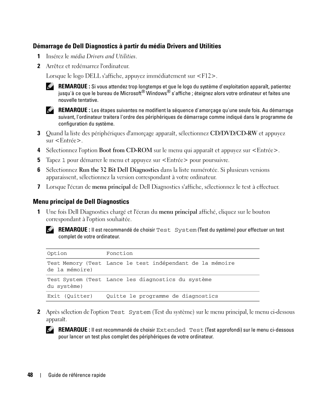 Dell TX419 manual Menu principal de Dell Diagnostics, Insérez le média Drivers and Utilities 