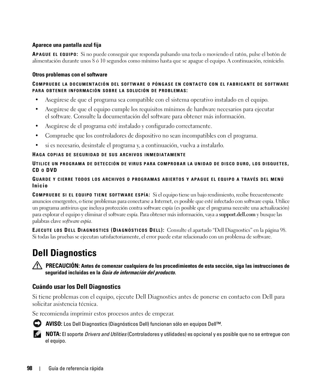 Dell TX419 manual Cuándo usar los Dell Diagnostics, Aparece una pantalla azul fija, Otros problemas con el software 