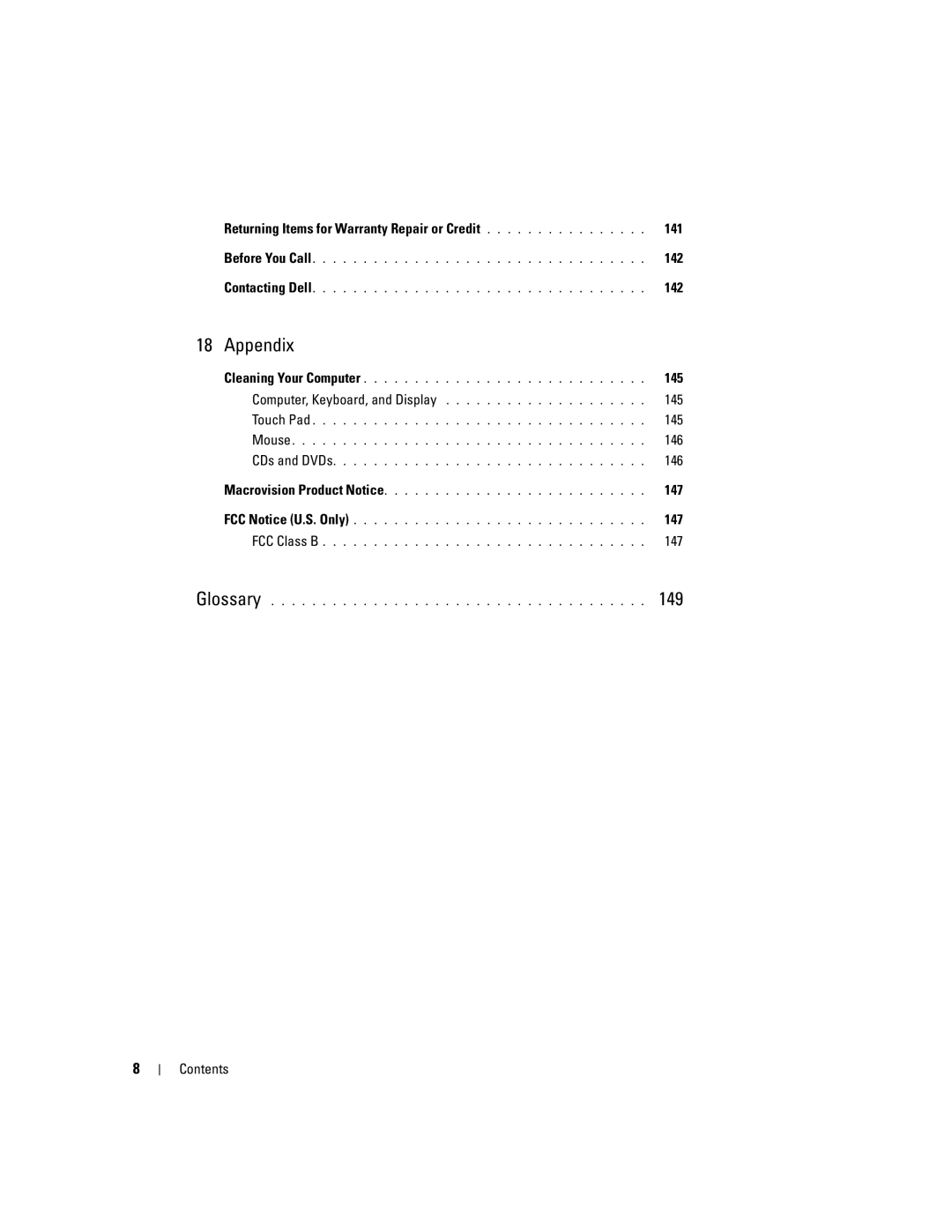 Dell TX453 manual Returning Items for Warranty Repair or Credit 141, 142, 145, 146, 147 