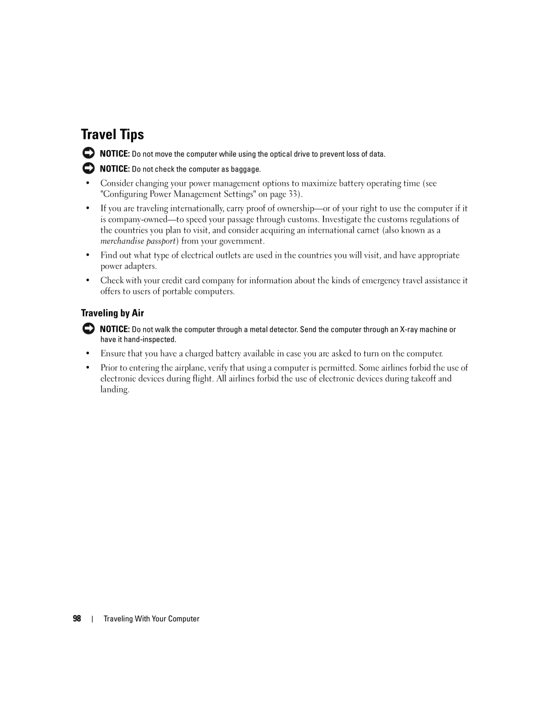 Dell TX453 manual Travel Tips, Traveling by Air 