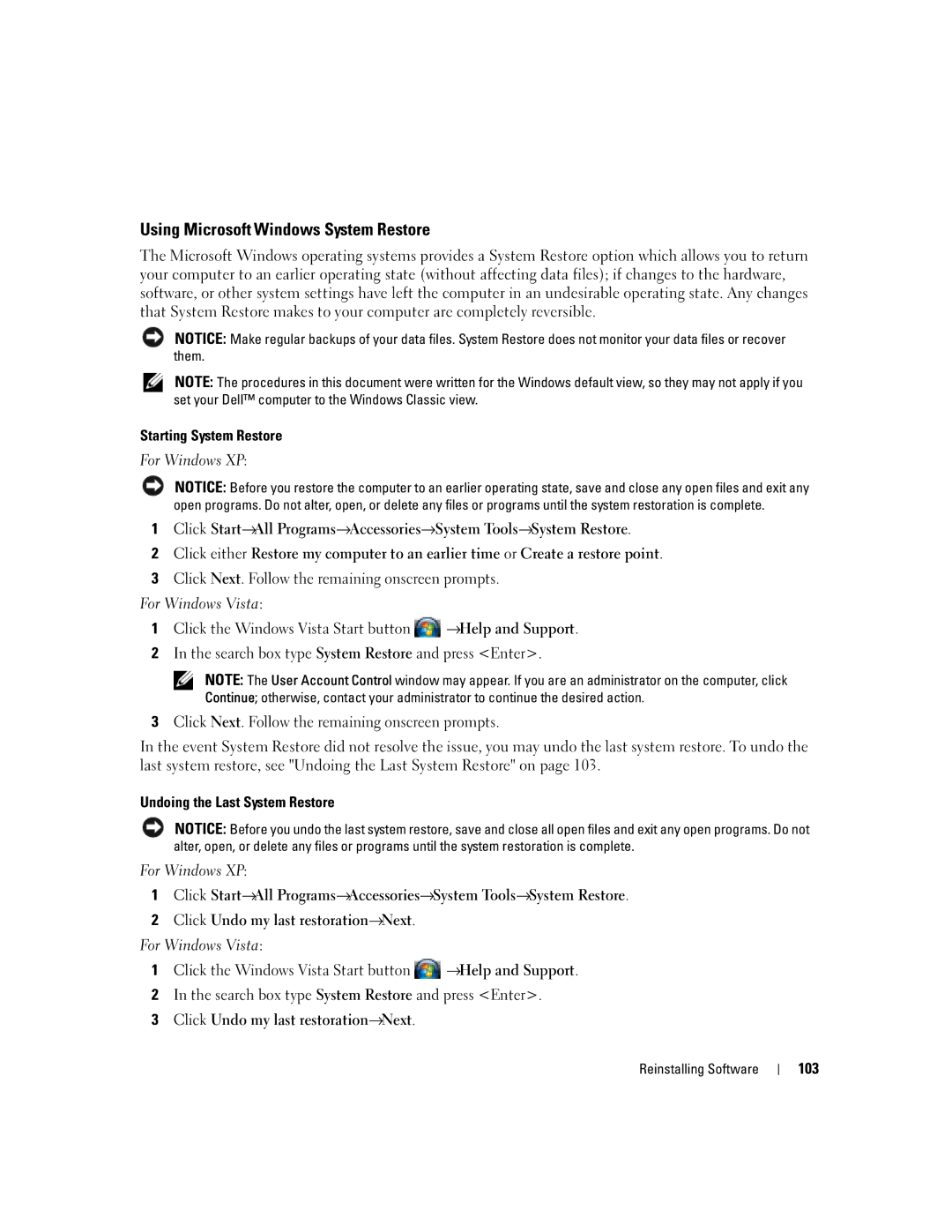 Dell TX453 manual Using Microsoft Windows System Restore, 103 