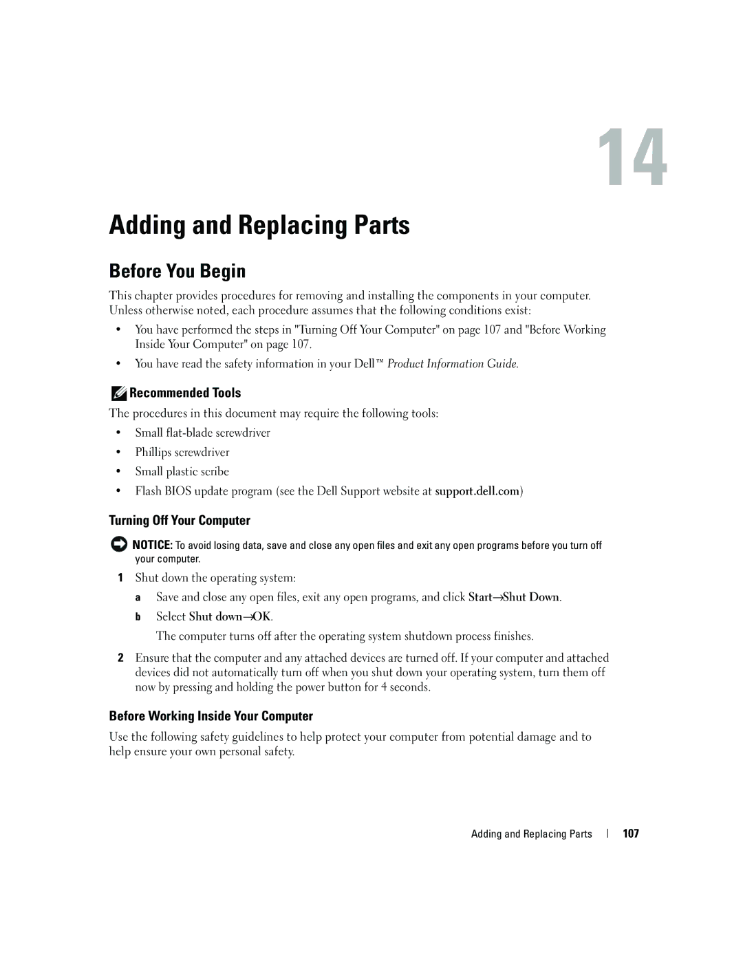 Dell TX453 manual Adding and Replacing Parts, Before You Begin, Recommended Tools, Turning Off Your Computer 