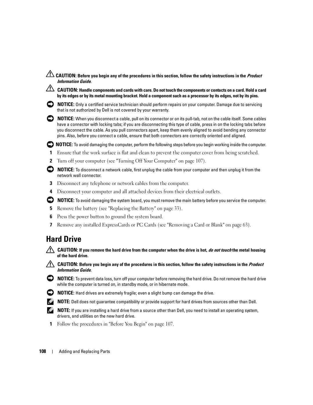 Dell TX453 manual Hard Drive, Follow the procedures in Before You Begin on 108 