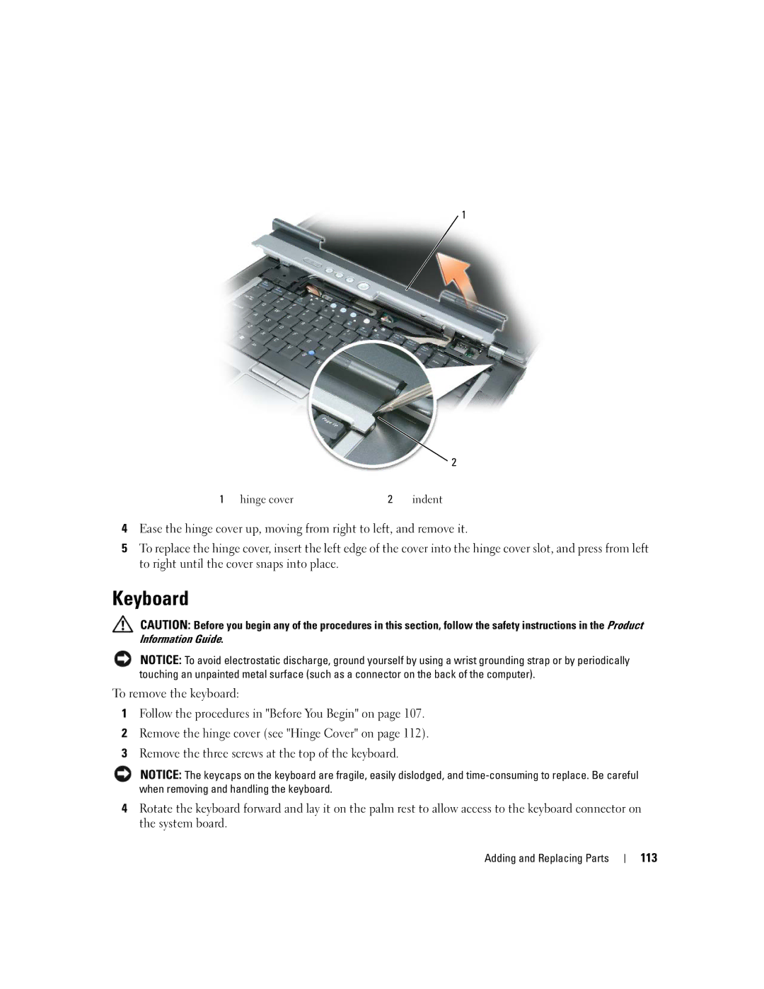 Dell TX453 manual Keyboard, 113, Hinge cover 