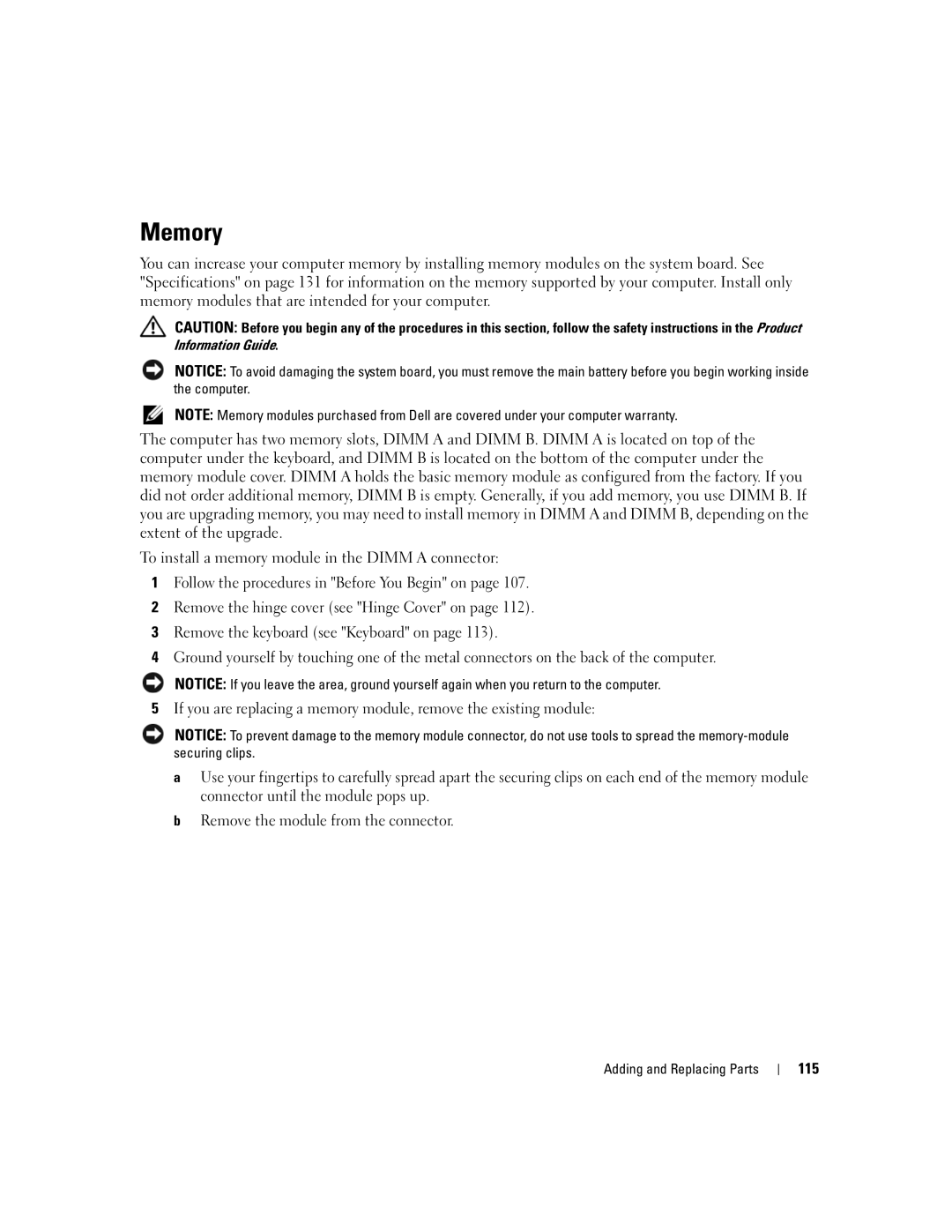 Dell TX453 manual Memory, 115 