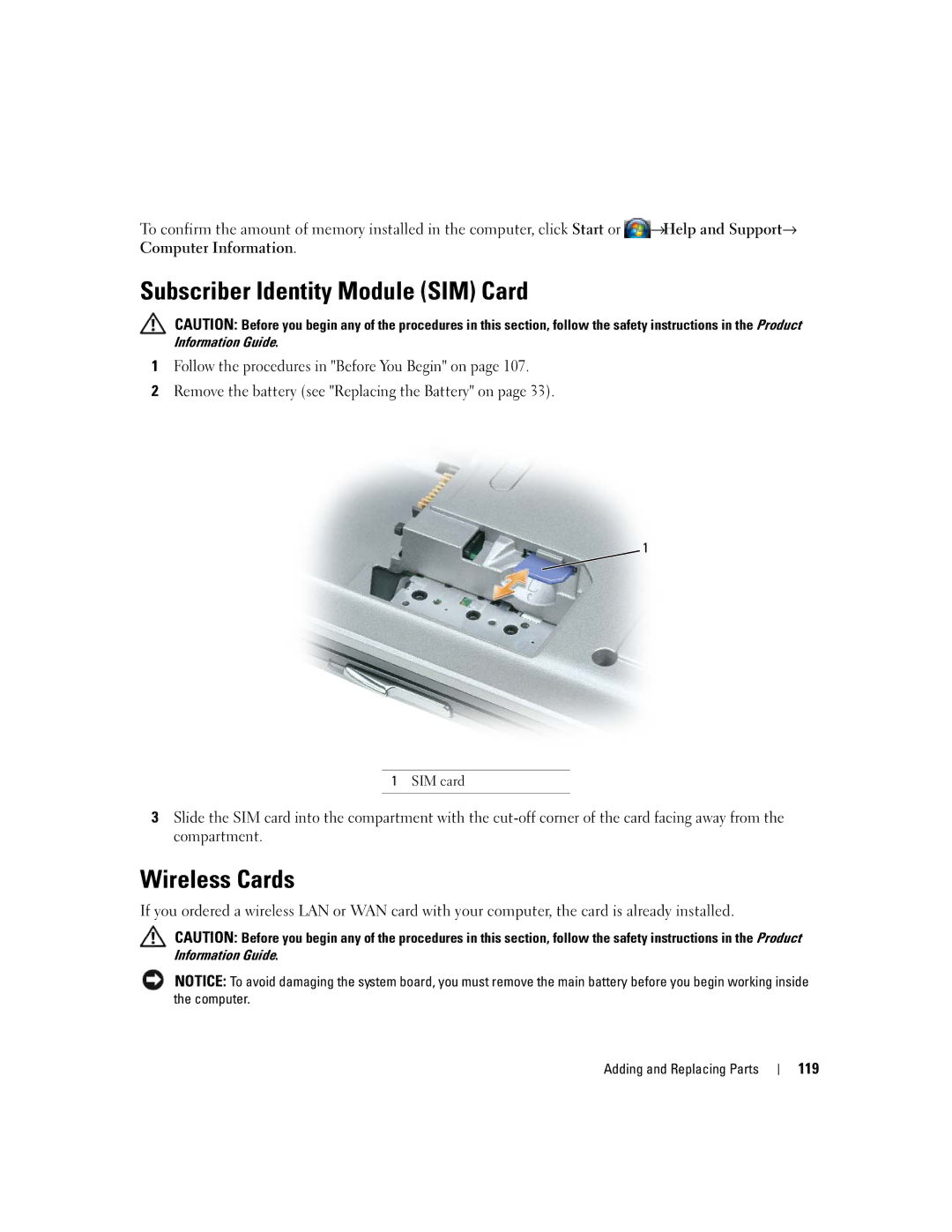 Dell TX453 manual Subscriber Identity Module SIM Card, Wireless Cards, 119, SIM card 