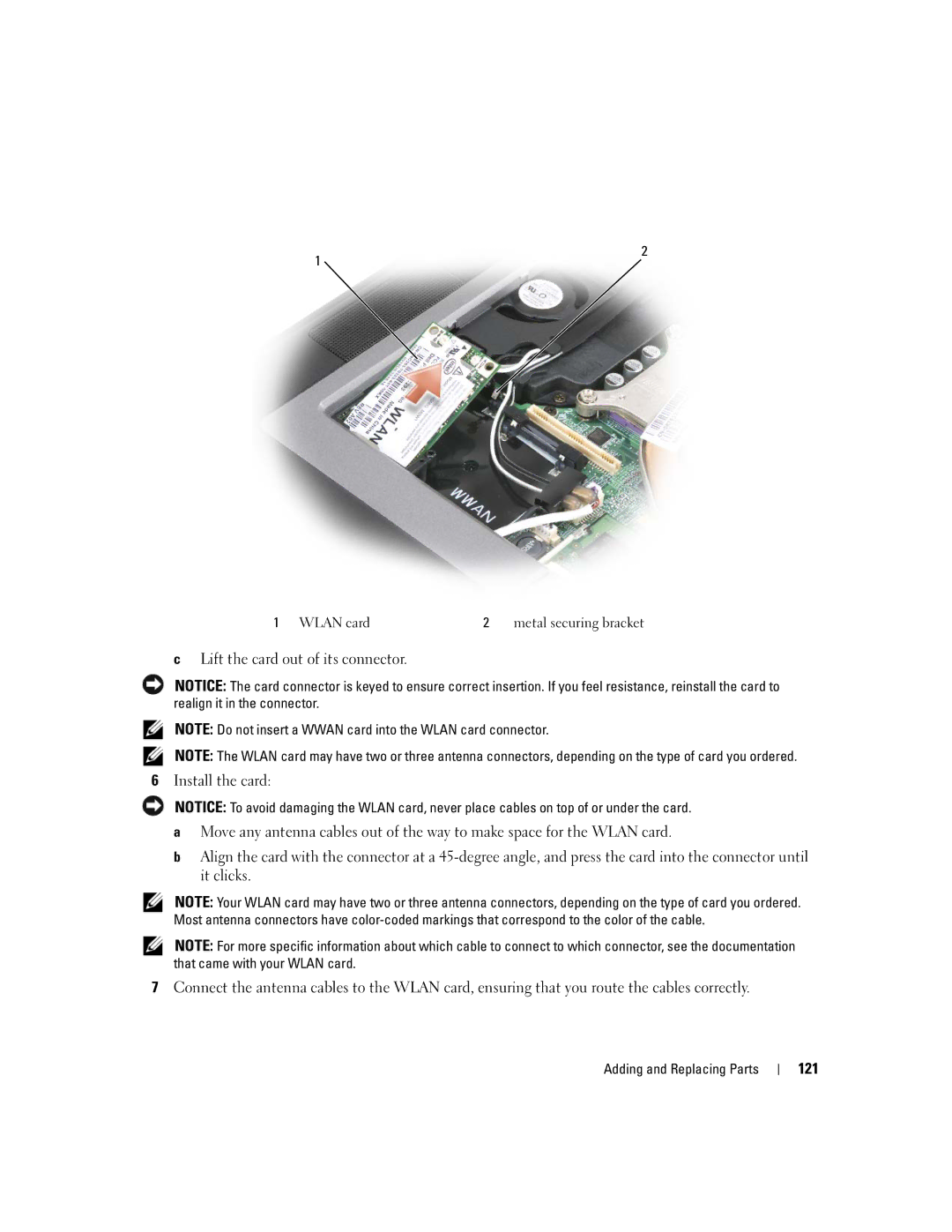 Dell TX453 manual 121, Wlan card Metal securing bracket 