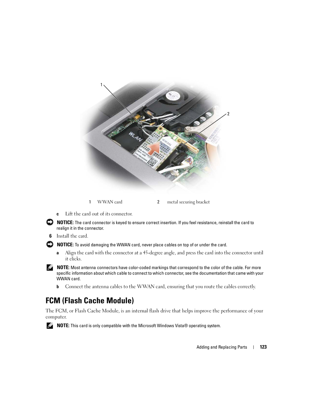 Dell TX453 manual FCM Flash Cache Module, 123, Wwan card Metal securing bracket 