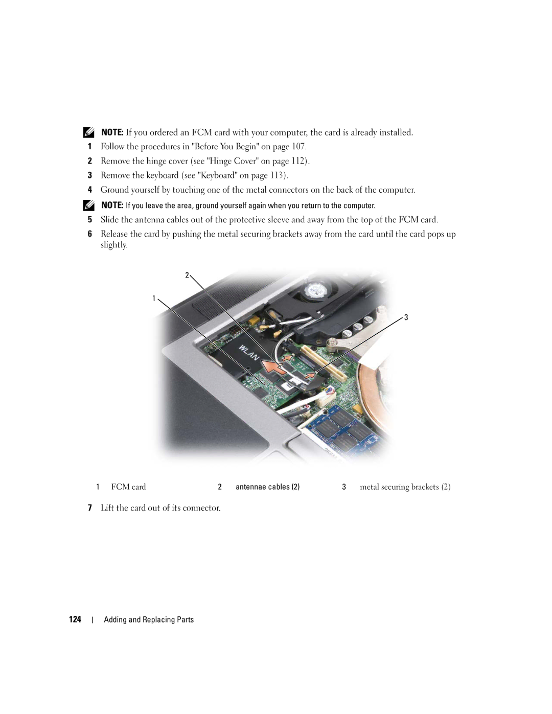 Dell TX453 manual Lift the card out of its connector 124, FCM card Antennae cables 