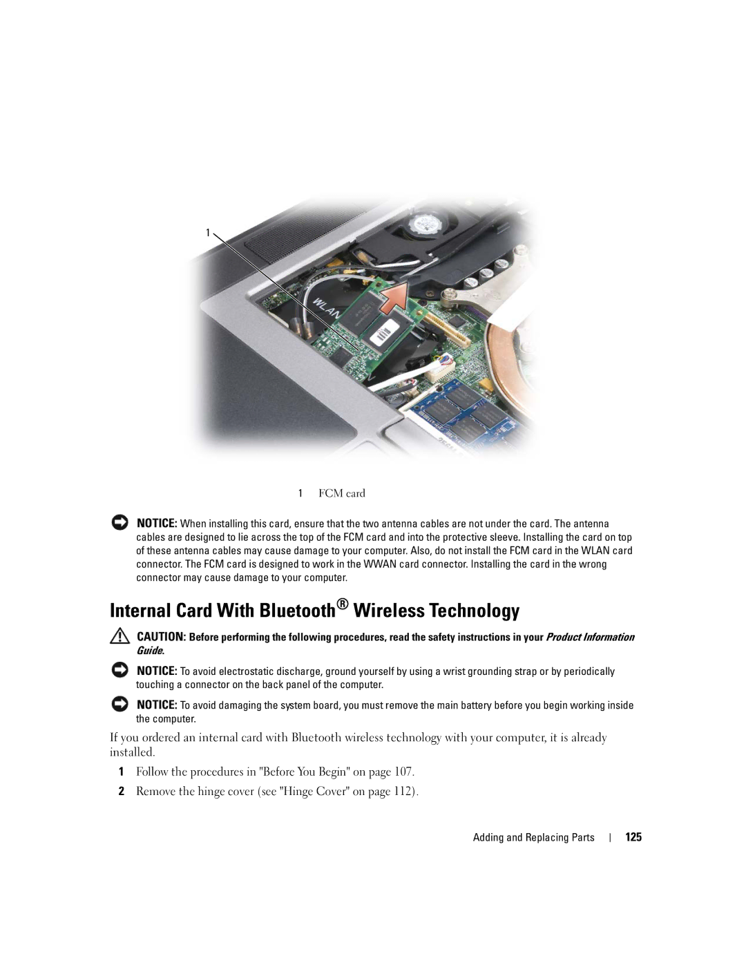 Dell TX453 manual Internal Card With Bluetooth Wireless Technology, 125, FCM card 