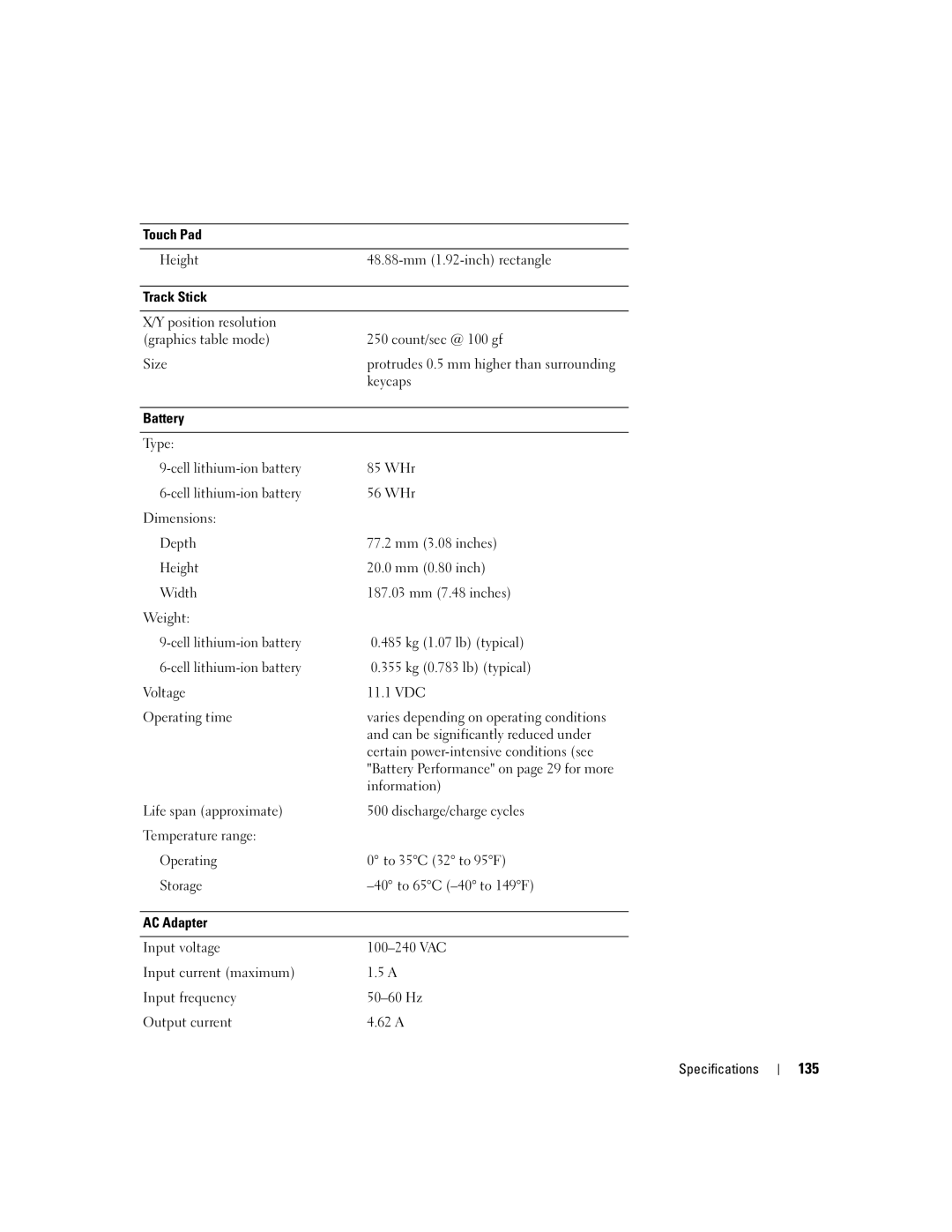 Dell TX453 manual 135, Keycaps, Can be significantly reduced under, Certain power-intensive conditions see, Information 