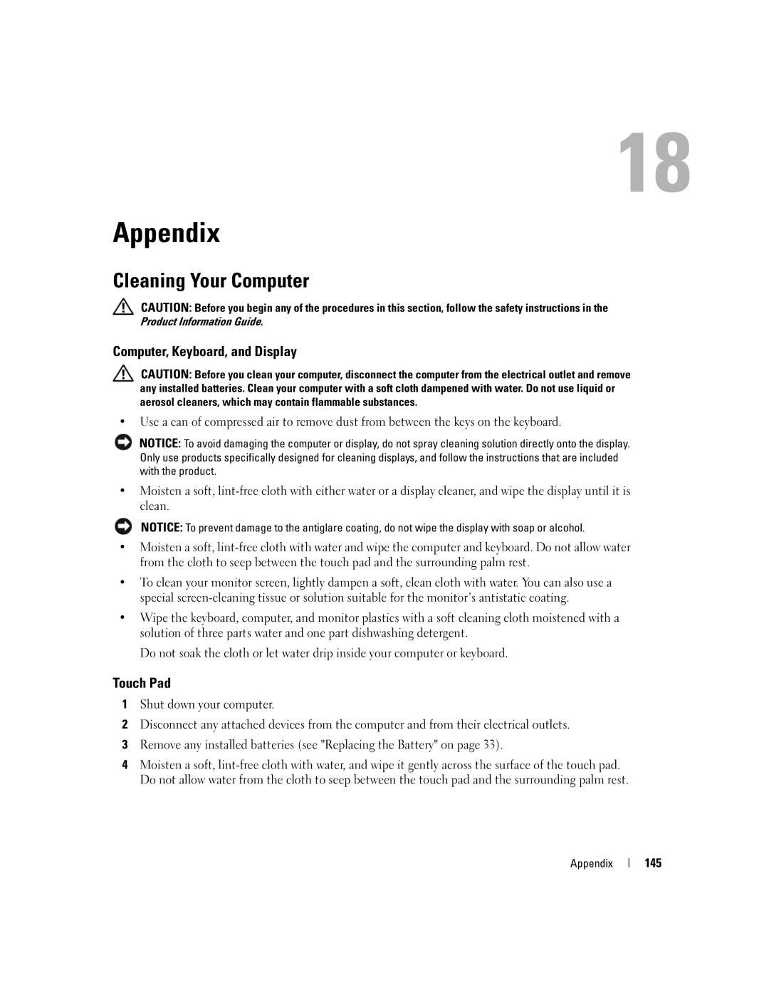 Dell TX453 manual Appendix, Cleaning Your Computer, Computer, Keyboard, and Display, Touch Pad, 145 