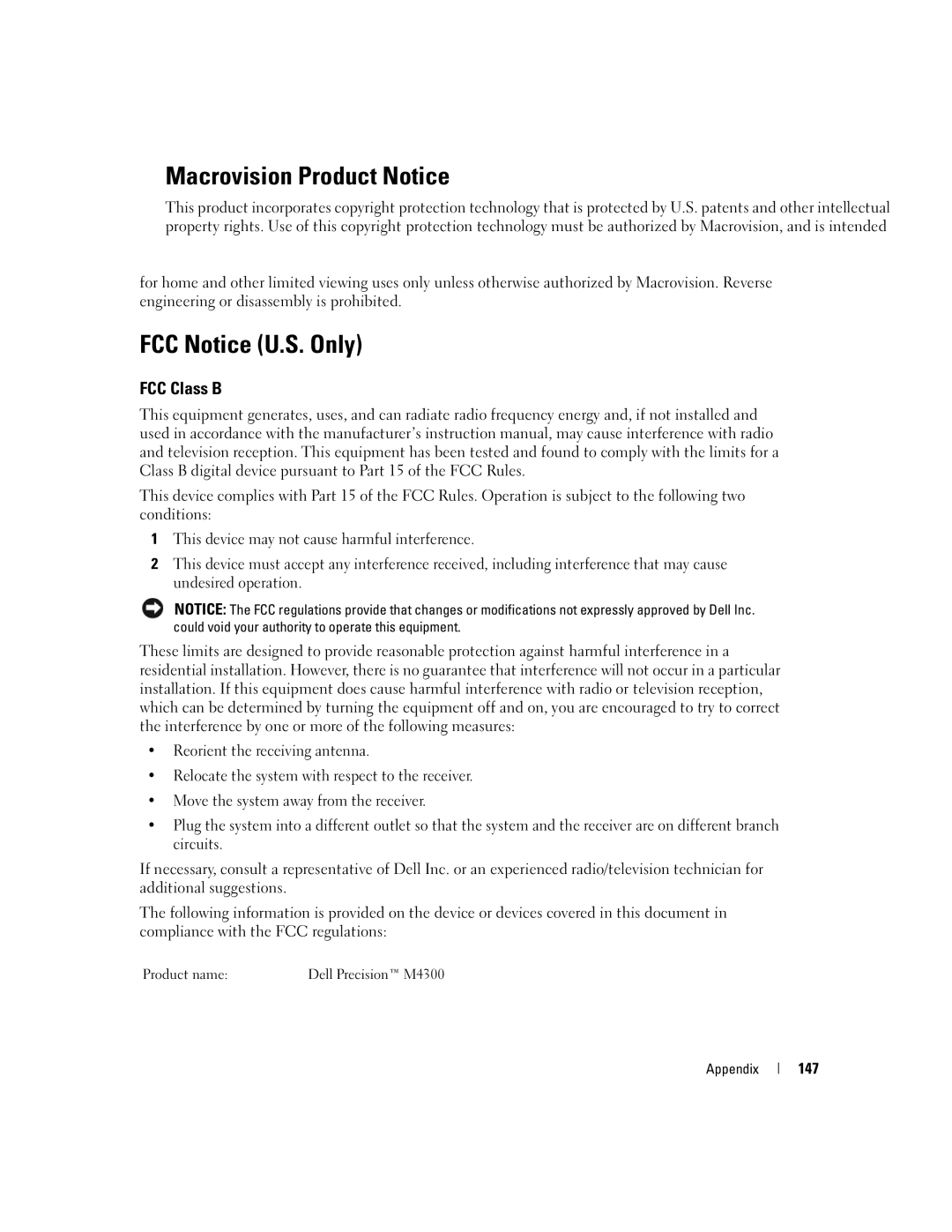 Dell TX453 manual Macrovision Product Notice, FCC Notice U.S. Only, FCC Class B, 147, Product name 