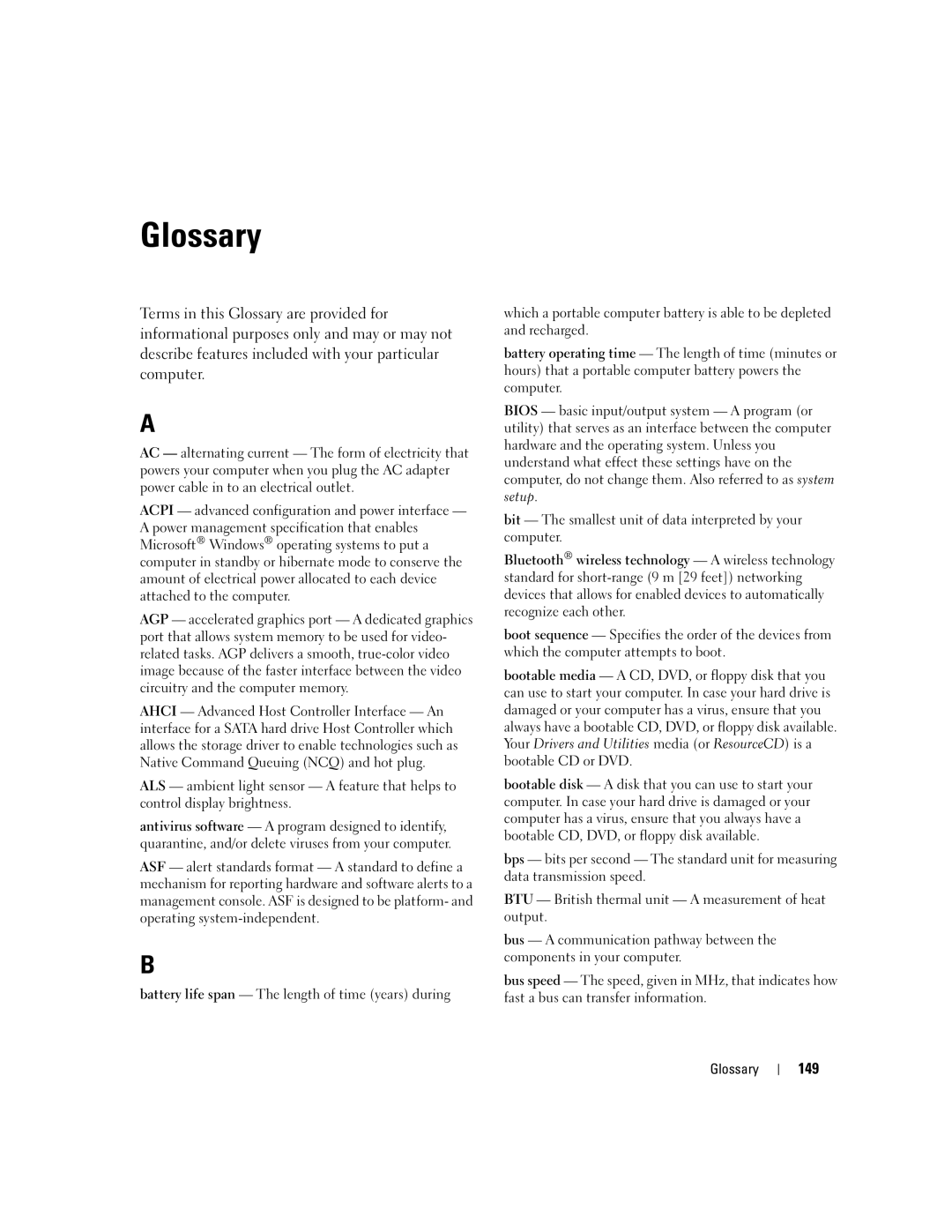 Dell TX453 manual Glossary, 149 