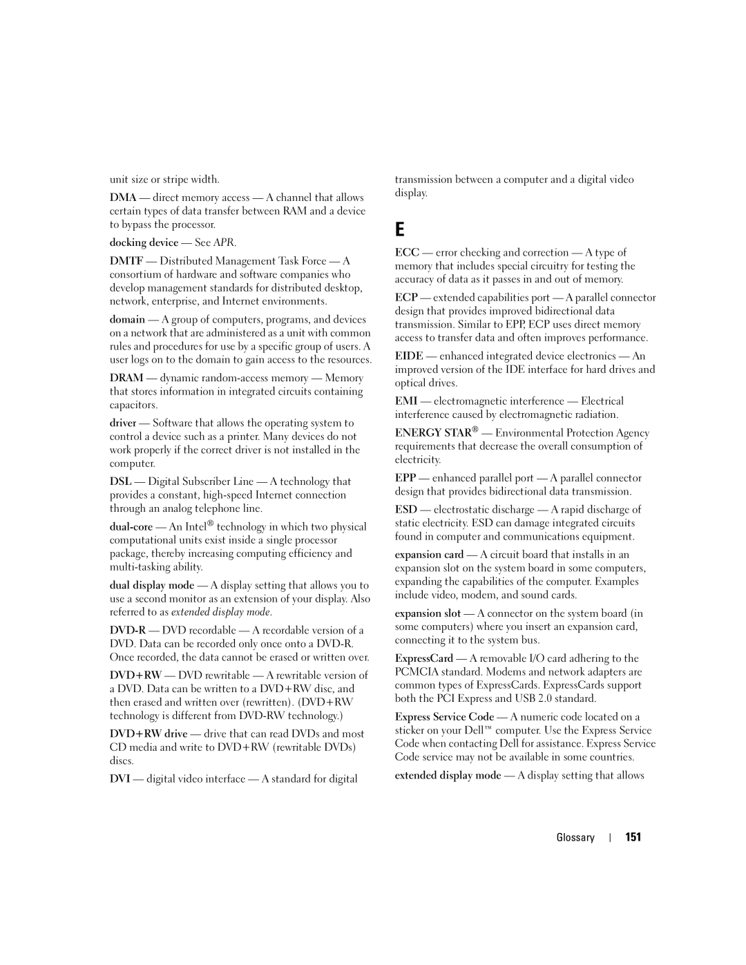 Dell TX453 manual 151, Extended display mode a display setting that allows Glossary 