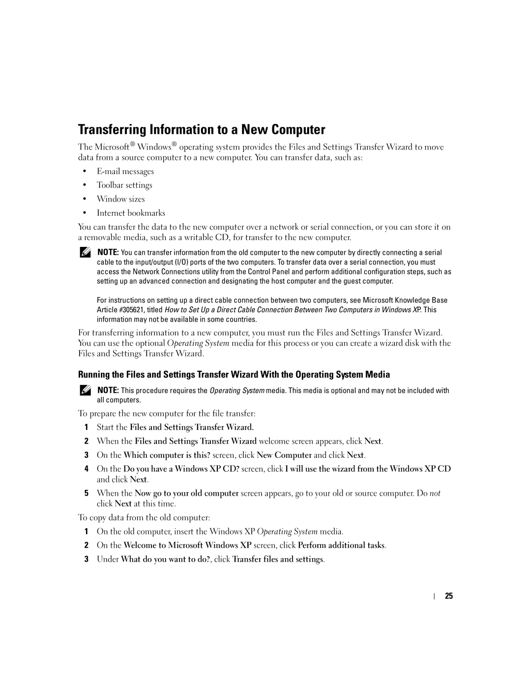 Dell TX453 manual Transferring Information to a New Computer, To prepare the new computer for the file transfer 