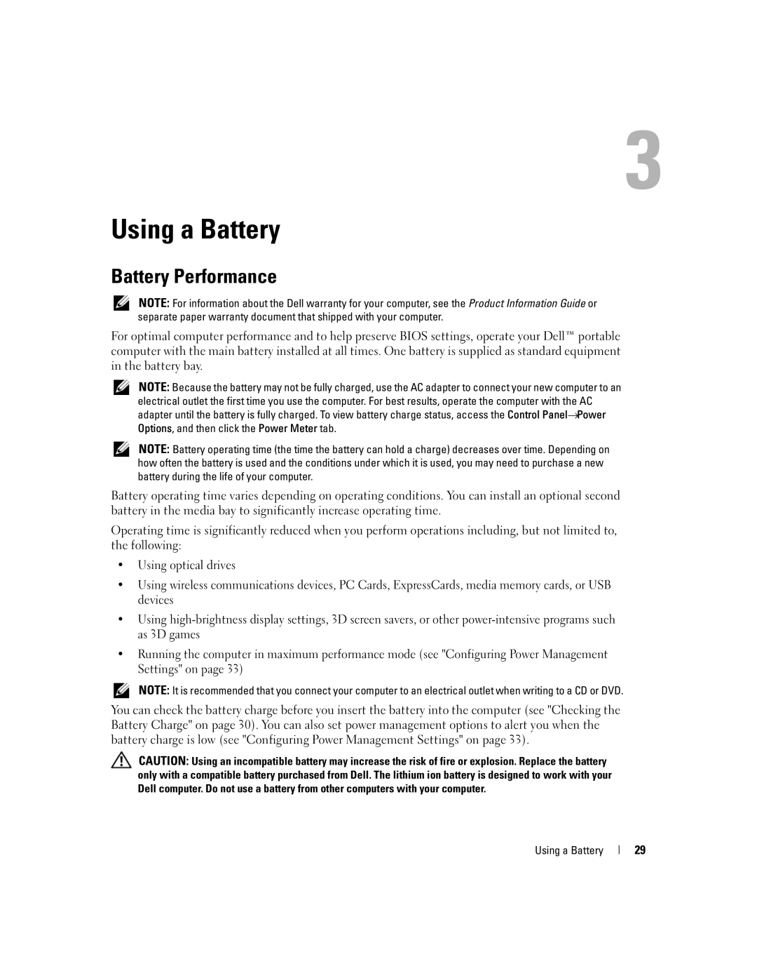 Dell TX453 manual Using a Battery, Battery Performance 