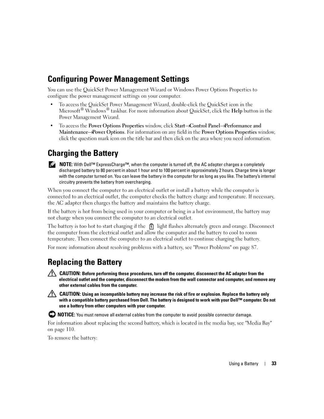 Dell TX453 manual Configuring Power Management Settings, Charging the Battery, Replacing the Battery 