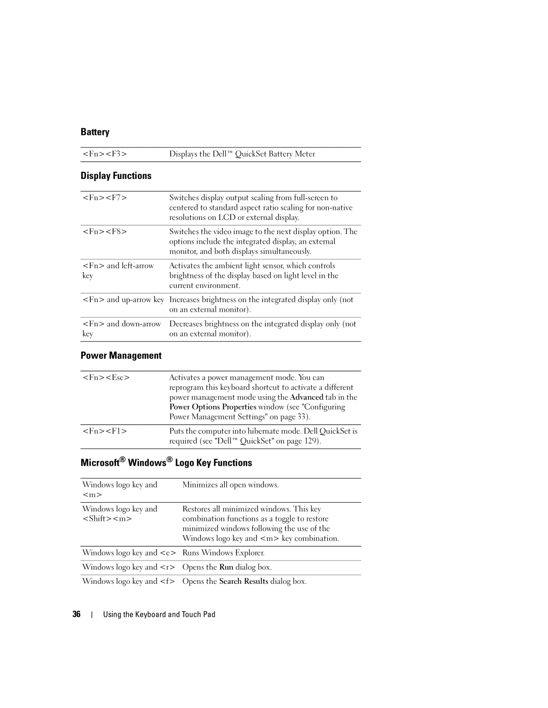 Dell TX453 manual Battery, Display Functions, Power Management, Microsoft Windows Logo Key Functions 