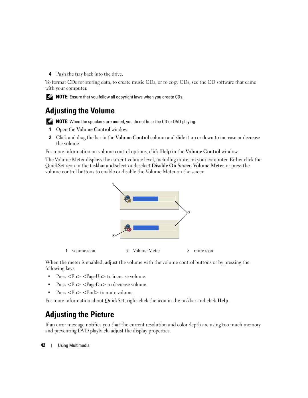 Dell TX453 manual Adjusting the Volume, Adjusting the Picture 