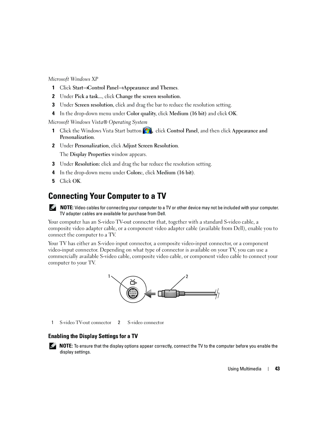 Dell TX453 manual Connecting Your Computer to a TV, Enabling the Display Settings for a TV 