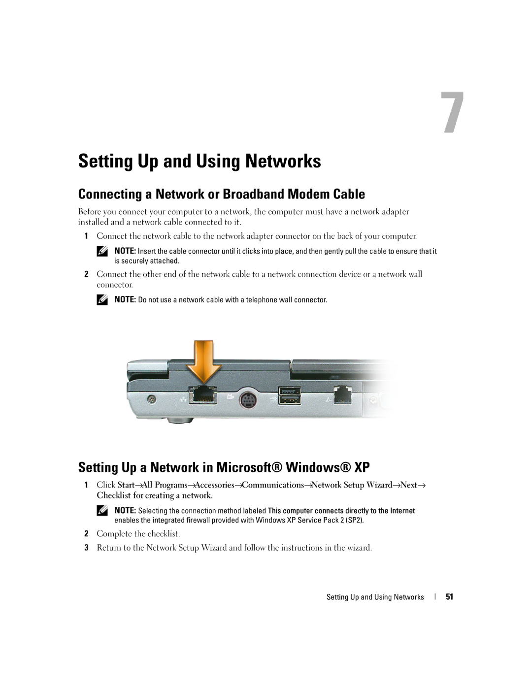 Dell TX453 manual Setting Up and Using Networks, Connecting a Network or Broadband Modem Cable 