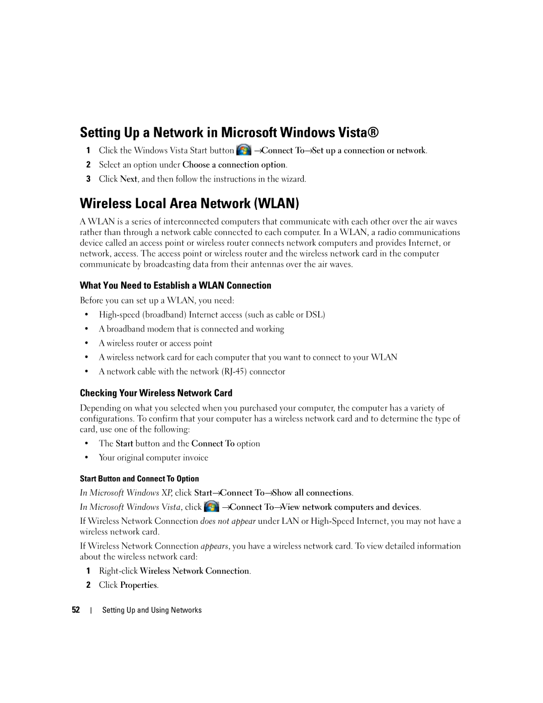 Dell TX453 manual Setting Up a Network in Microsoft Windows Vista, Wireless Local Area Network Wlan 