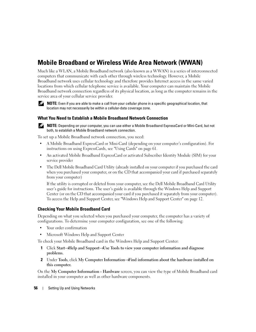 Dell TX453 manual Mobile Broadband or Wireless Wide Area Network Wwan, Checking Your Mobile Broadband Card 