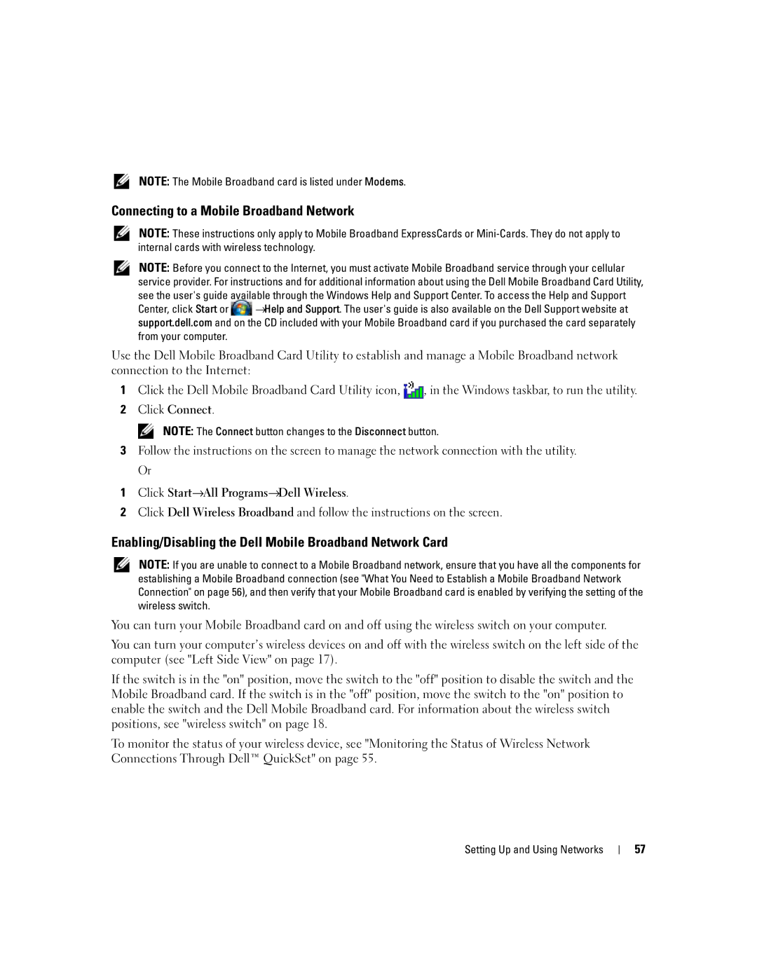 Dell TX453 manual Connecting to a Mobile Broadband Network, Enabling/Disabling the Dell Mobile Broadband Network Card 