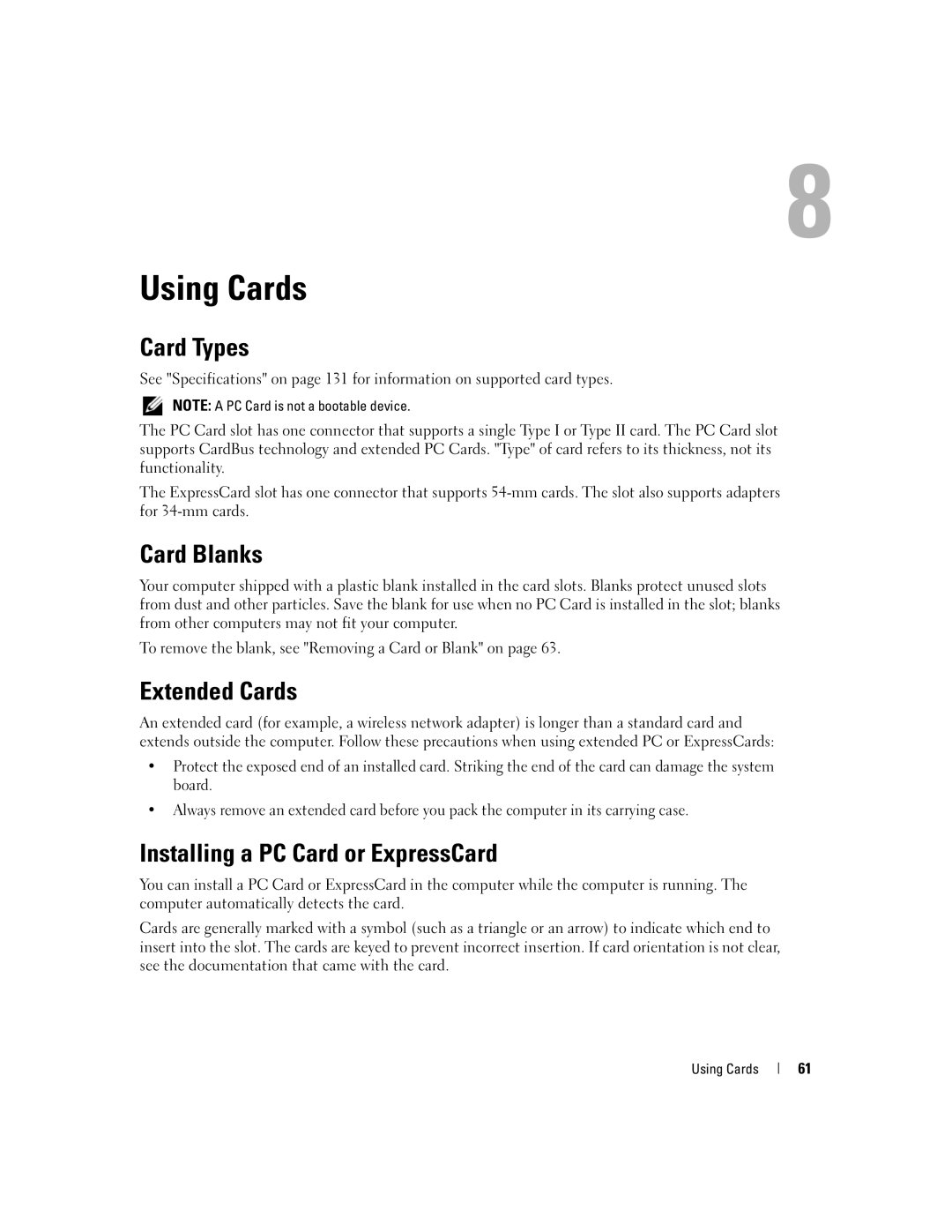 Dell TX453 manual Using Cards, Card Types, Card Blanks, Extended Cards, Installing a PC Card or ExpressCard 