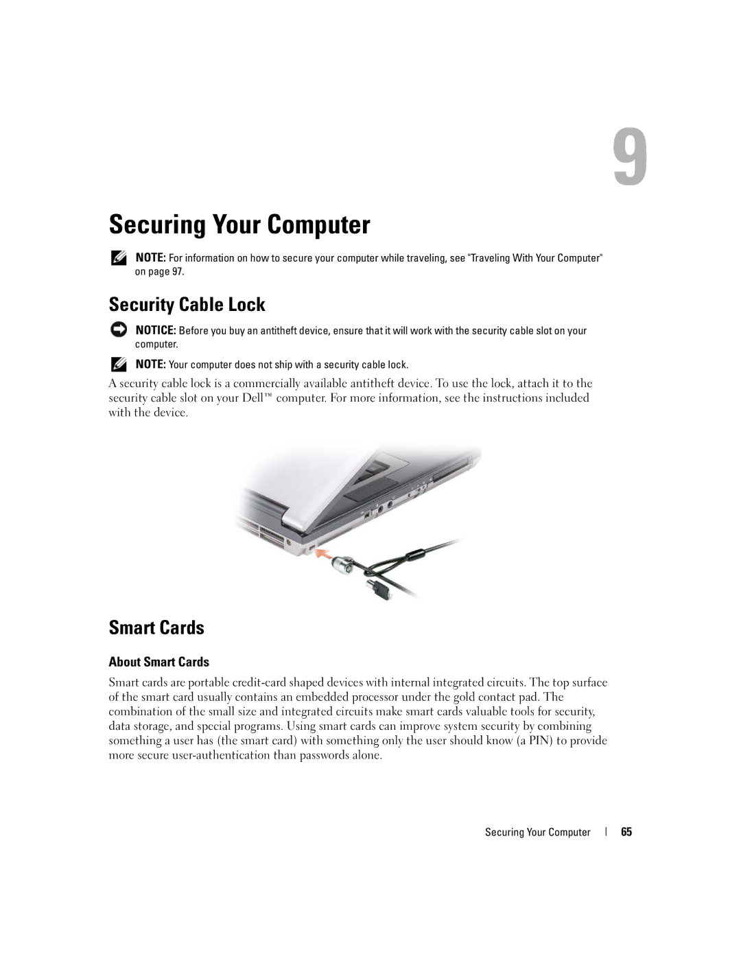 Dell TX453 manual Securing Your Computer, Security Cable Lock, About Smart Cards 