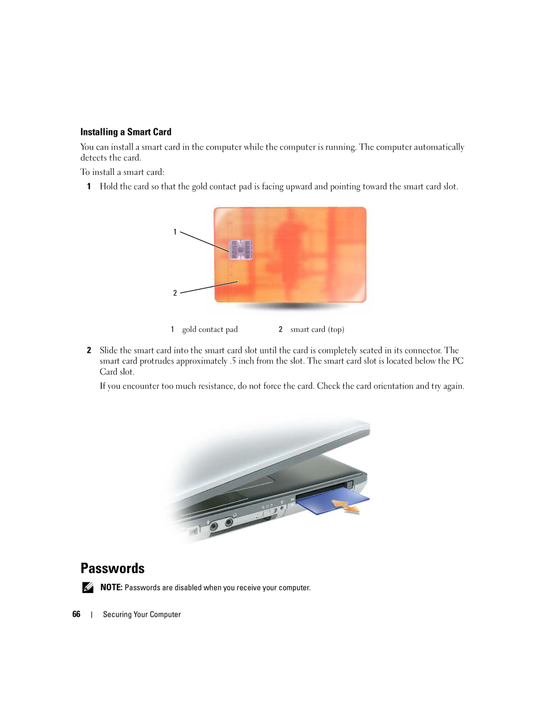 Dell TX453 manual Passwords, Installing a Smart Card 