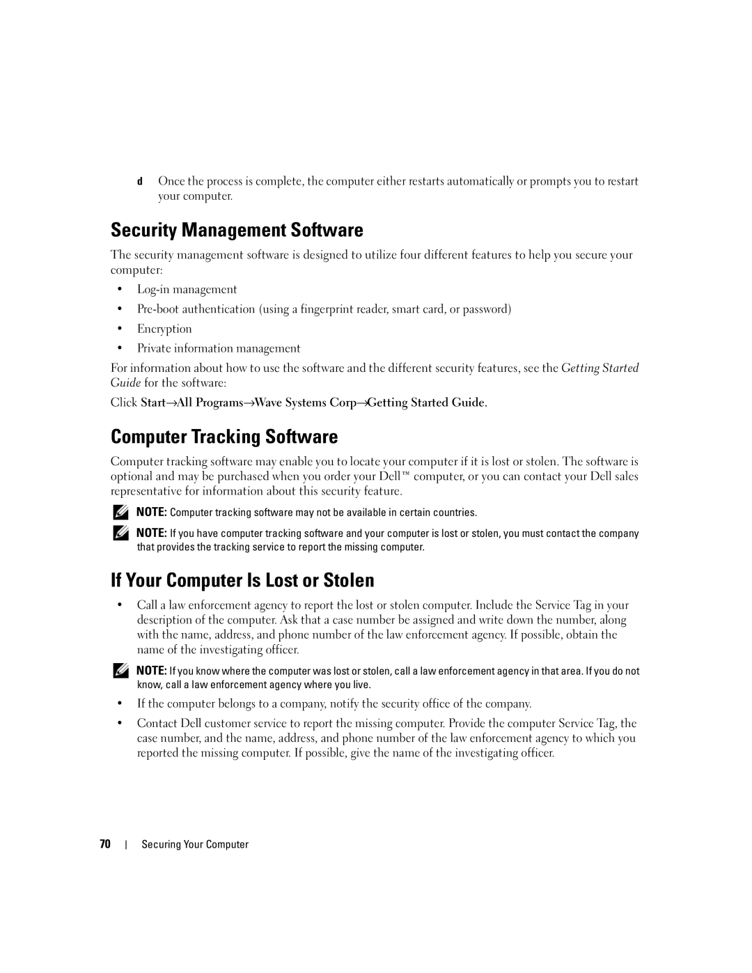 Dell TX453 manual Security Management Software, Computer Tracking Software, If Your Computer Is Lost or Stolen 