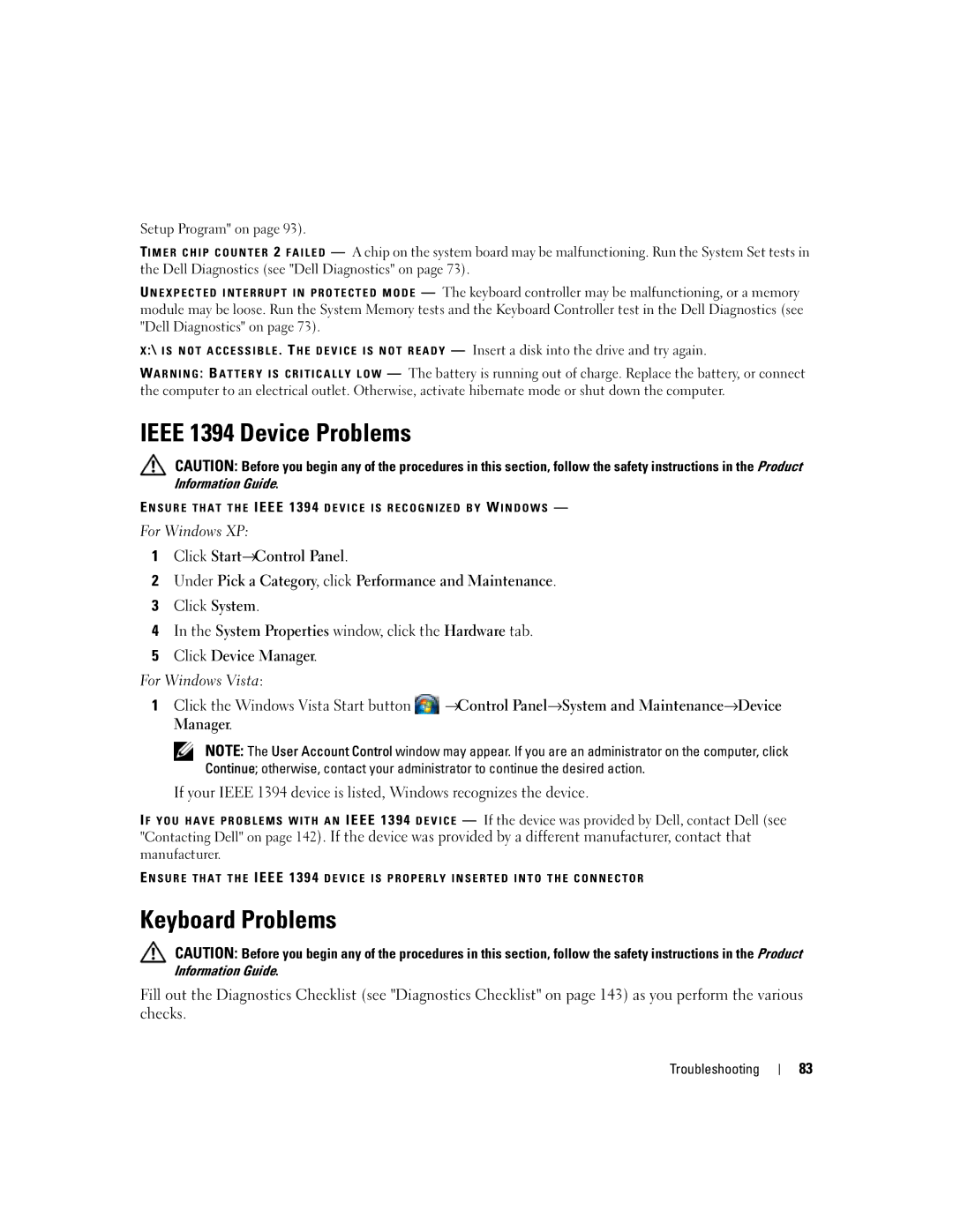 Dell TX453 manual Ieee 1394 Device Problems, Keyboard Problems 