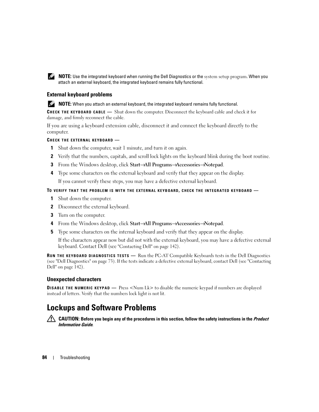 Dell TX453 manual Lockups and Software Problems, External keyboard problems, Unexpected characters 