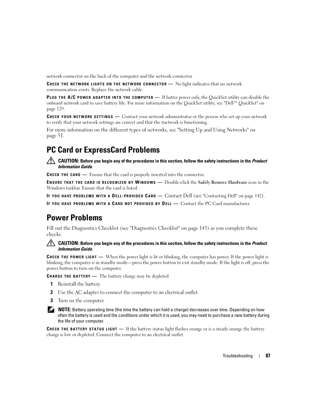 Dell TX453 manual PC Card or ExpressCard Problems, Power Problems 