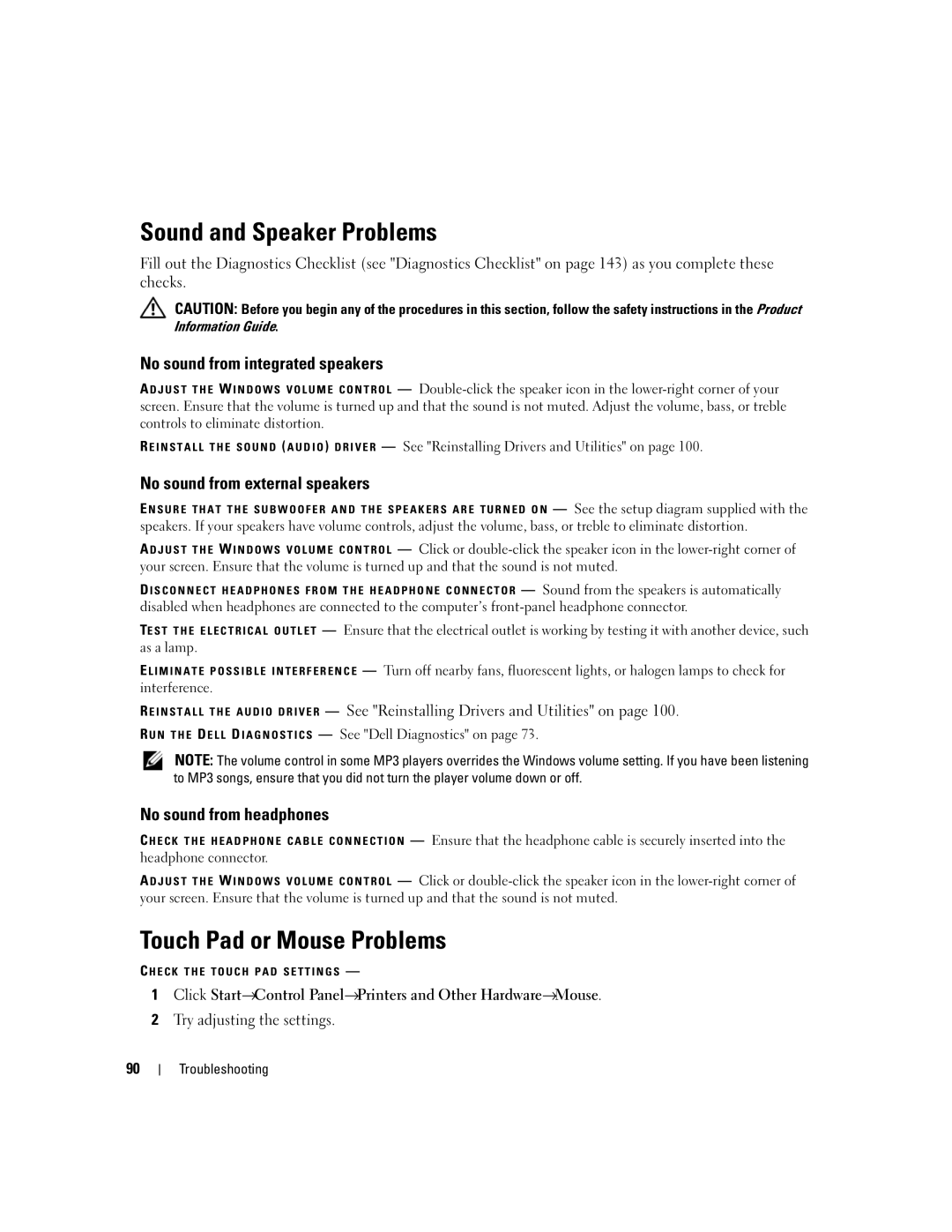 Dell TX453 manual Sound and Speaker Problems, Touch Pad or Mouse Problems, No sound from integrated speakers 