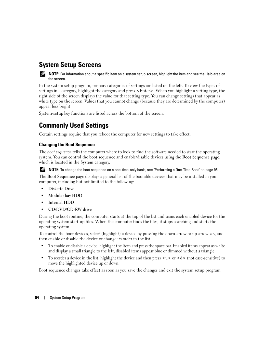 Dell TX453 manual System Setup Screens, Commonly Used Settings, Changing the Boot Sequence 