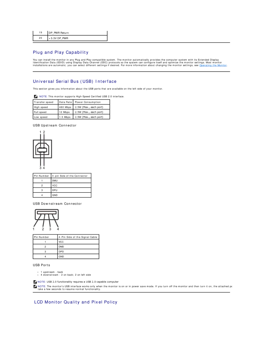 Dell U2211H appendix Plug and Play Capability, Universal Serial Bus USB Interface, LCD Monitor Quality and Pixel Policy 