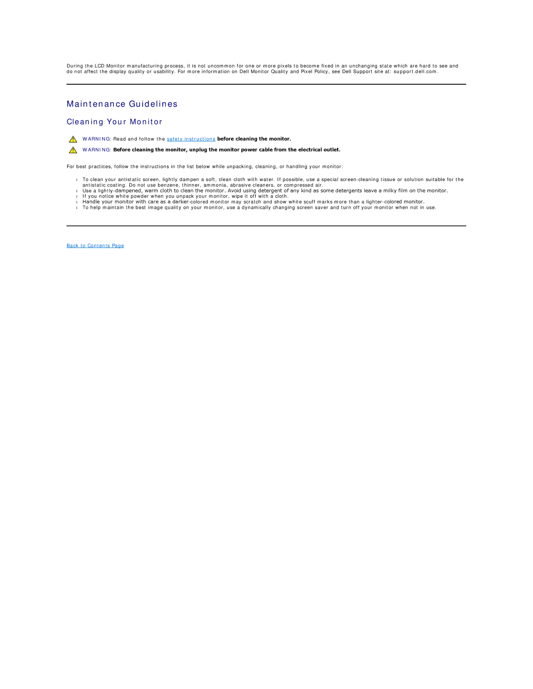 Dell U2211H appendix Maintenance Guidelines, Cleaning Your Monitor 