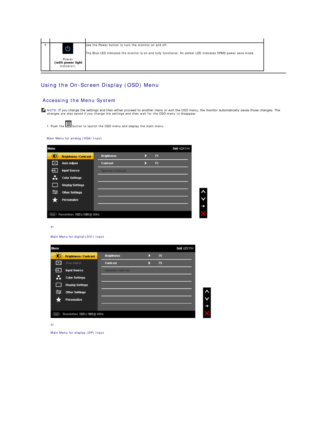 Dell U2211H appendix Using the On-Screen Display OSD Menu, Accessing the Menu System 