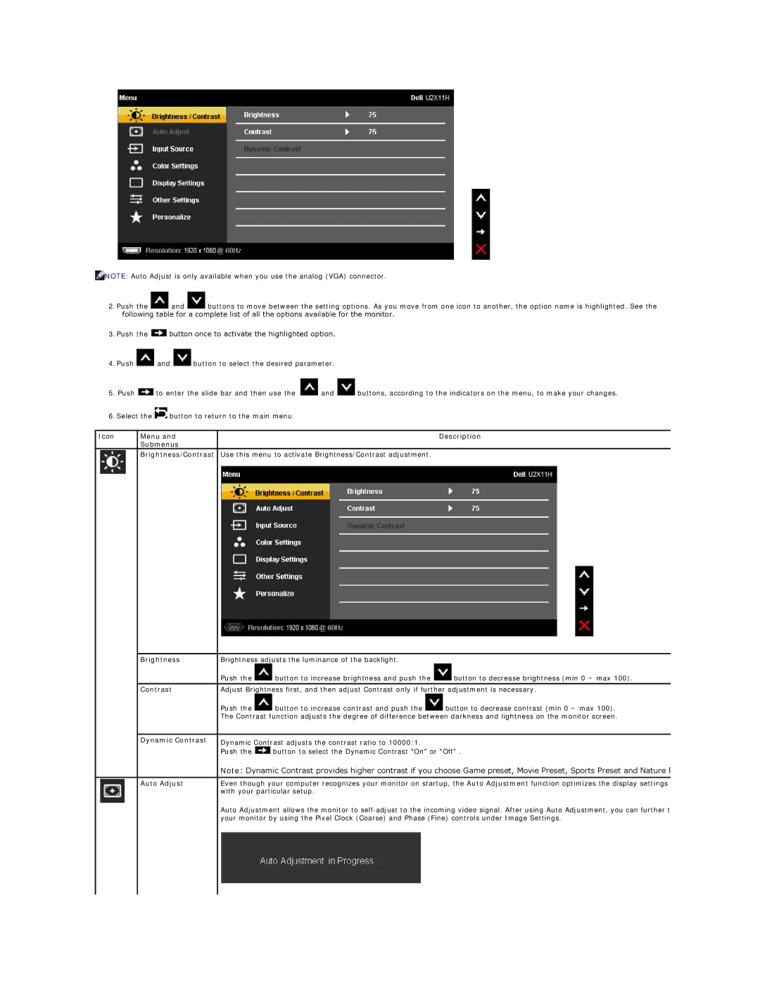 Dell U2211H appendix Dynamic Contrast, Auto Adjust 