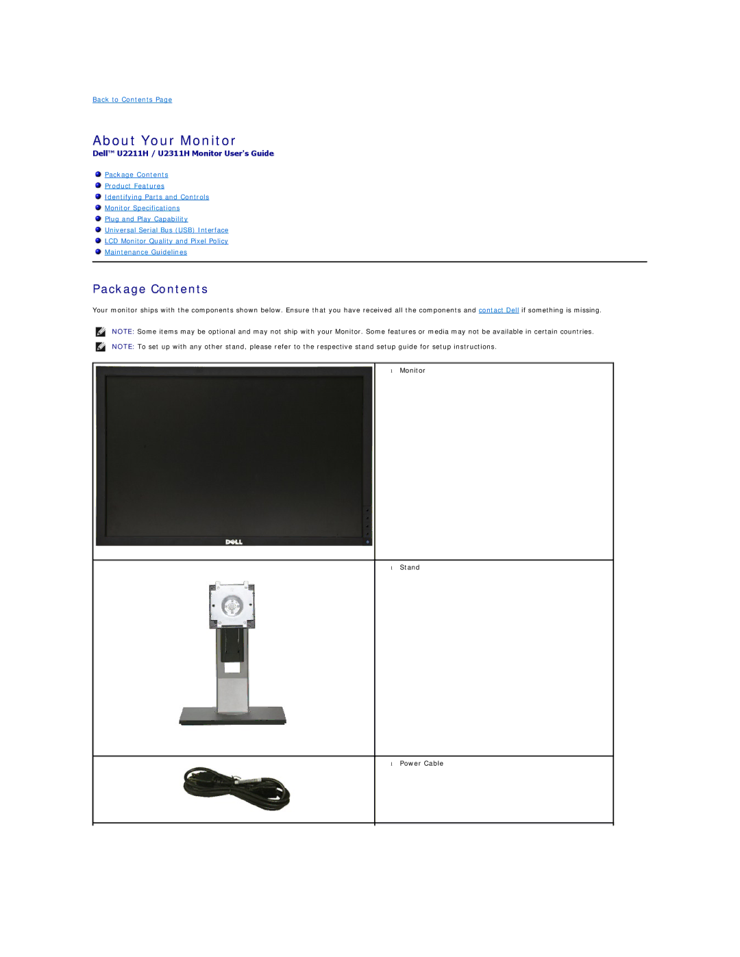 Dell U2211H appendix About Your Monitor, Package Contents 