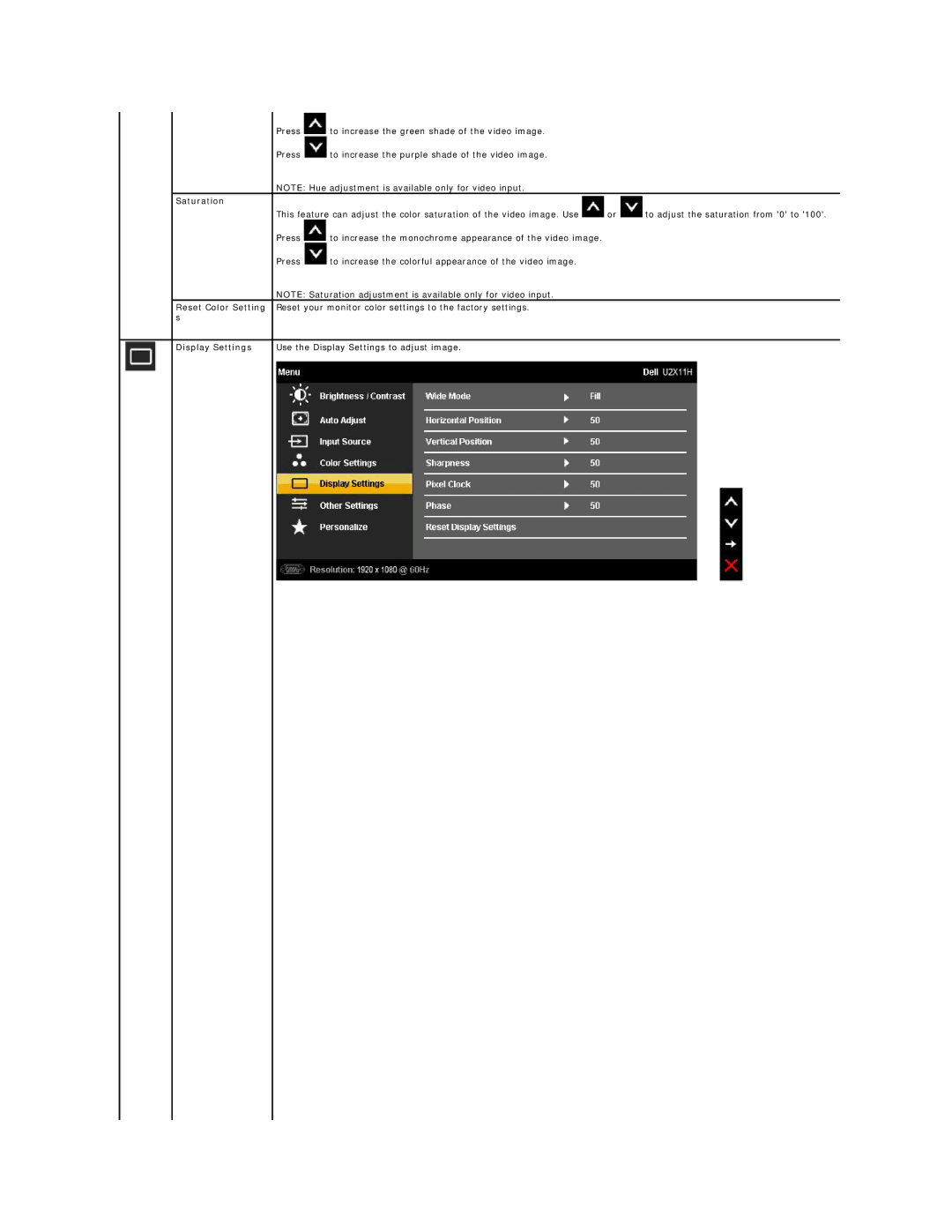 Dell U2211H appendix Saturation, Display Settings 