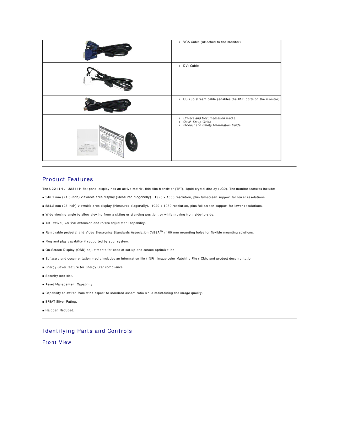 Dell U2211H appendix Product Features, Identifying Parts and Controls, Front View 