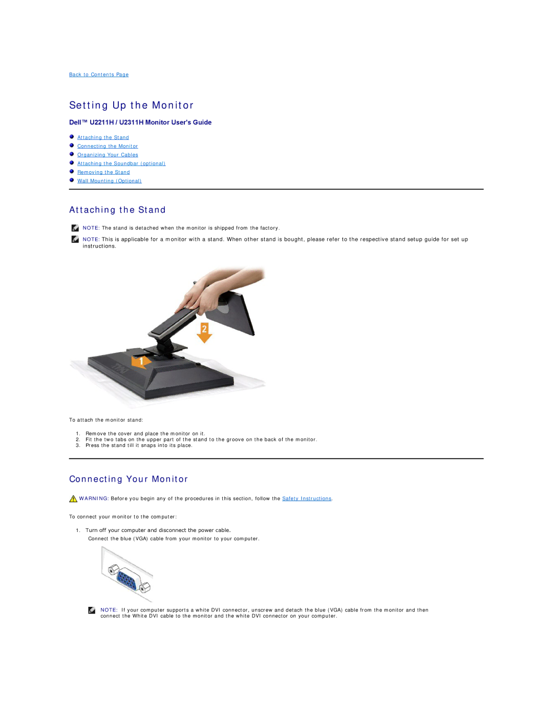 Dell U2211H appendix Setting Up the Monitor, Attaching the Stand, Connecting Your Monitor 